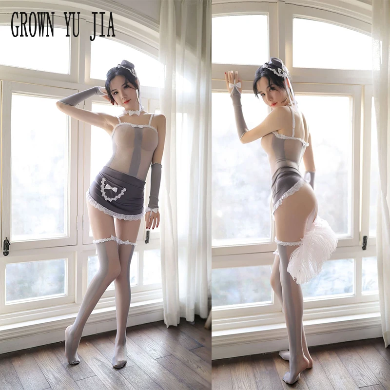 

Sexy temptation maid cosplay Erotic stockings set cute french maid uniform apron porno naughty lingerie clothes for sex costume