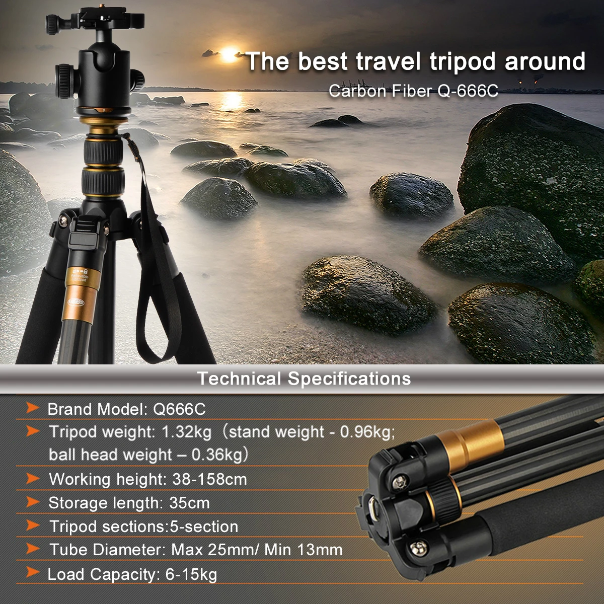 Tripod Monopod Ball Head Carbon Fiber Professional Portable Travel Lightweight for DSLR Digital Camera Stand Q666C 15kg Max Load