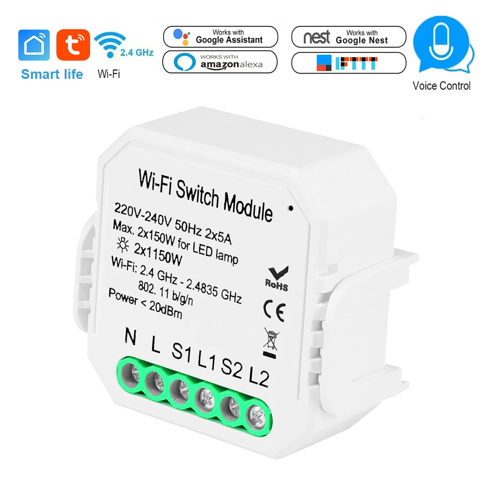 Tuya Smart реле Выключатель модуль 2300W Wifi светильник переключатель 2 способ