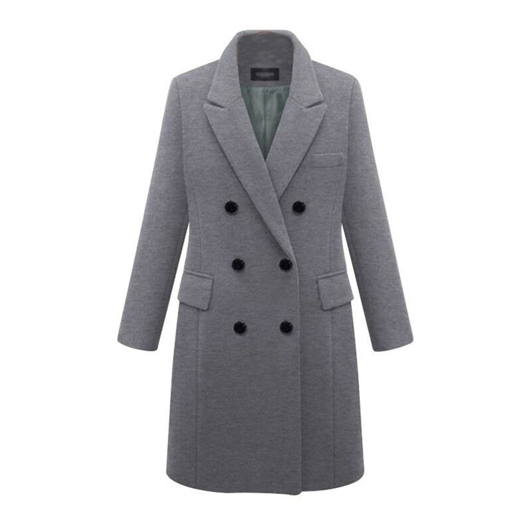 Зимнее весеннее шерстяное длинное пальто женское двубортное пальто с воротником с лацканами модное однотонное тонкое женское Шерстяное Пальто Верхняя одежда - Цвет: Gray