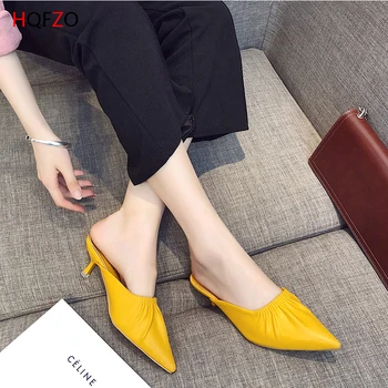 

HQFZO Good Quality Pointed Toe Leather Summer Ladies Pumps Sexy Mules Shoes Woman Slippers Kitten Heels Female Woman Sandals