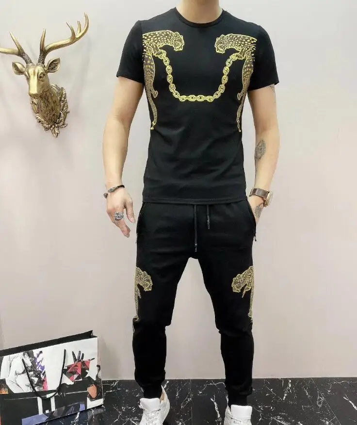 

new 2020 brand design hot drilling short sleeve suit two-piece set europe style