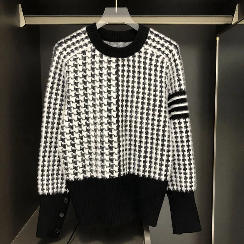 

Korean Dogstooth Striped Sweater Women Fall Winter Swallow Gird Black White Sweaters 3D Print Luxury Warm Jumper Clothes