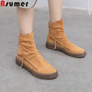 

ASUMER 2020 fashion suede leather boots round toe flat with ankle boots women casual zip ladies autumn winer boots
