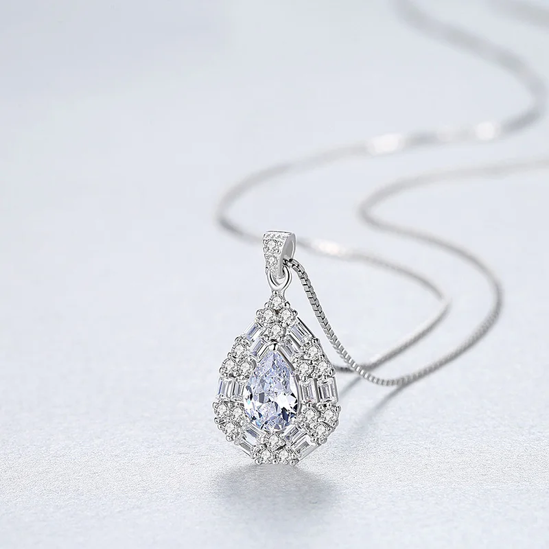 White DOTEFFIL Luxury 925 Sterling Silver Water Drop Pendant Necklace for Women 2 Colors Luxury Big Gemstone Wedding Necklace Jewelry - Gem Color: White