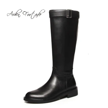 

Arden Furtado Fashion Women's Shoes Elegant Ladies Boots Round Toe zipper genuine Leather buckle strap flat Knee High Boots 44