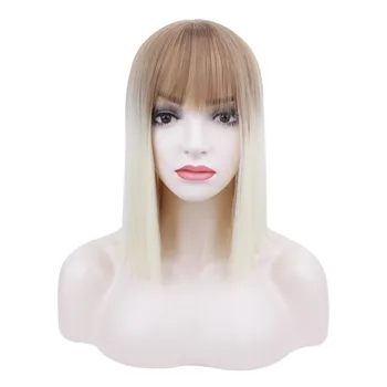 

Long Brown Blonde Square Wigs Natural Bangs Hair Ombre Synthetic Wigs For White Women Heat Resistant Hairs Wig Female BY042