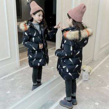 

2020 New Children's Winter Fur Collar Jacket for Girls Kids Warm Cotton-padded Long Jacket Park Teenage Coat Hoodies Outerwear