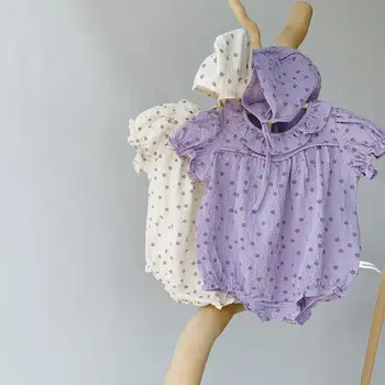 

2020 Korea Style Baby Girls Printed Romper Summer Toddler Kids Jumpsuit With Hat 0-2Years