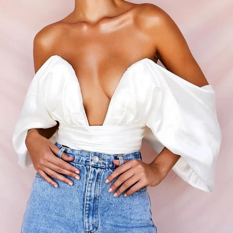 Модные блузки Женские однотонные с глубоким v-образным вырезом открытыми плечами