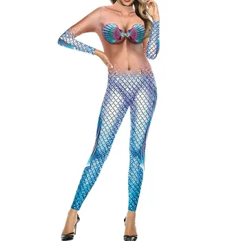 

3 Style Shell Pattern Design Jumpsuit Mermaid Cosplay Costume Sexy Bar Club Party Stage Role-Playing Elastic Skinny Rompers Lady