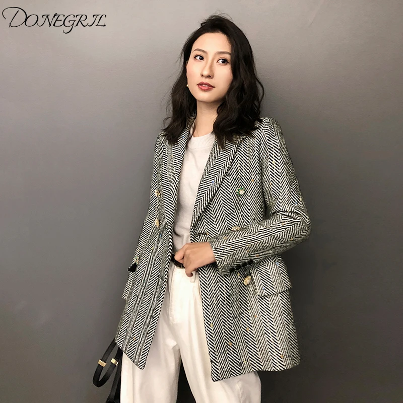 

High quality women's elegant Woolen suits jacket loose stripe casual long Double-breasted suit jacket Blazer fenimino coat