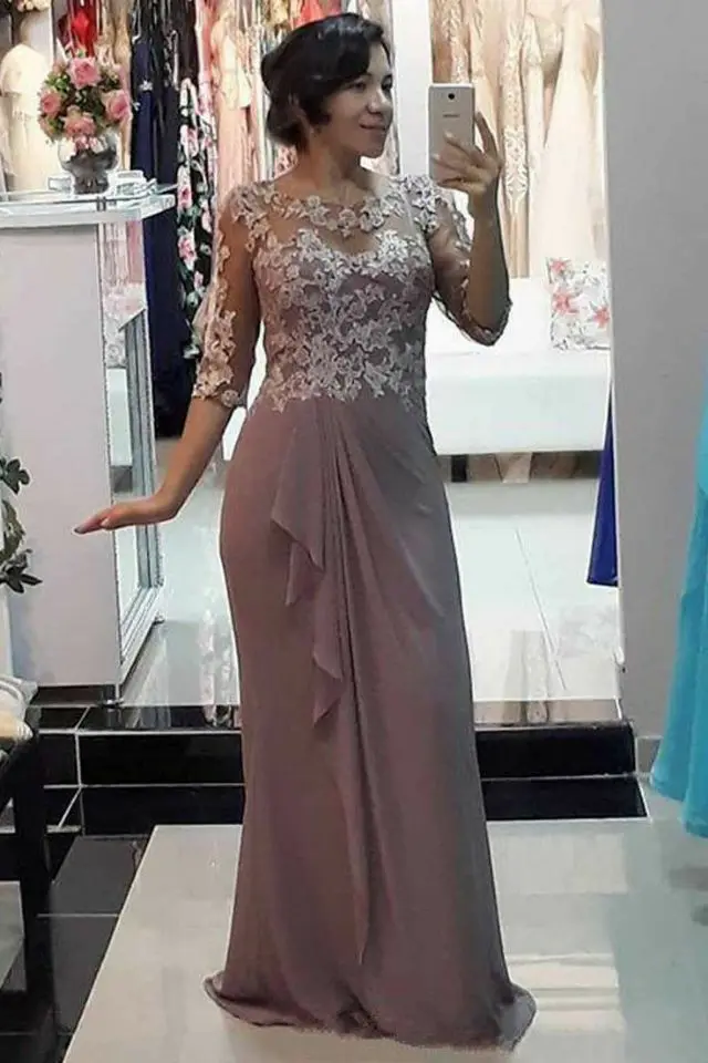 

Elegant A-Line O-Neck Long Lace Mother of the Bride Dresses with Sleeves Chiffon Floor Length Wedding Party Dress for Women