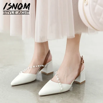 

ISNOM Thick High Heels Sandals Women Shoes Clear Pearl Strip Slingback Ladies Sandals Pointed Toe Genuine Leather Shoes Woman