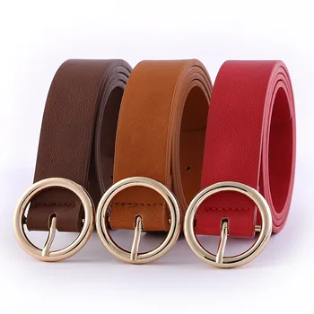 

New Gold Round Metal Circle Belt Female Gold Black White PU Leather Waist Belts For Women Jeans Pants