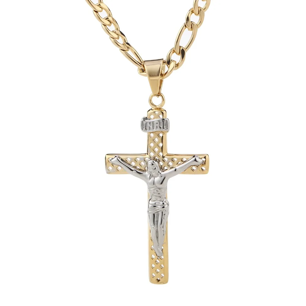 

Catholic Jesus Christ on Cross Crucifix Stainless Steel Pendant Necklace 24" Curb Chain Necklace for Men Women