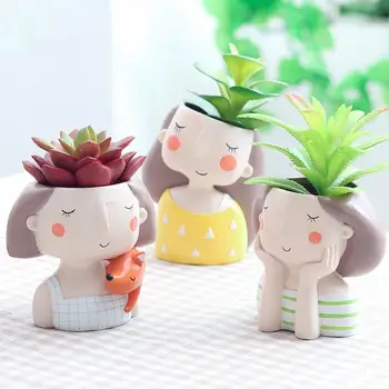 

Resin Statue Creative Plant Pots Flower Planter Flowerpot Cute Girl Desktop Bonsai Office Vase Ornament Home Decor Balcony