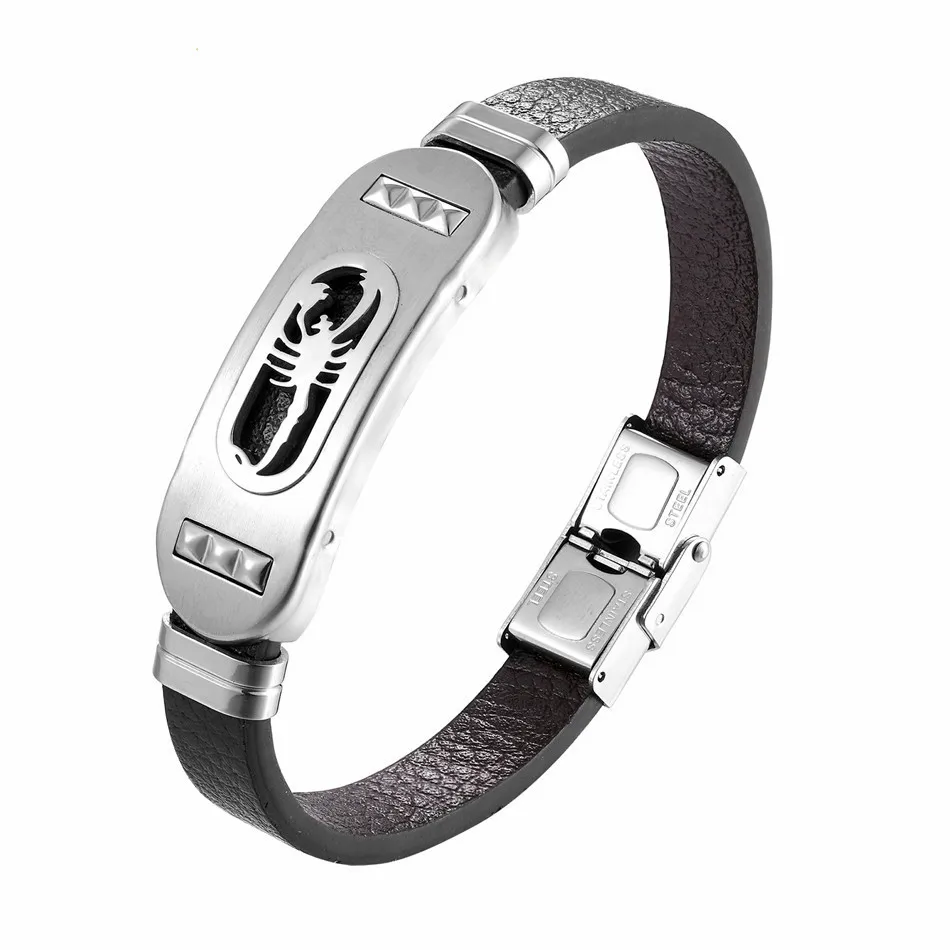 Punk Scorpion Bracelet Mens Leather Bracelets High Quality Stainless Steel Jewelry for Men Accessory Rock Male Bangles | Украшения и