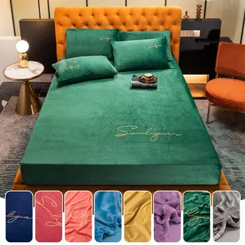 

Elastic Fitted Sheet Crystal Velvet Bed Linen Mattress Cover Pillowcase Solid Color Winter Warm Soft Full Double