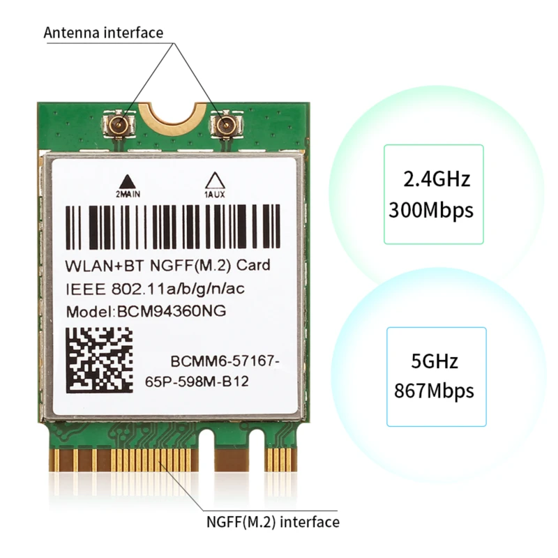 For Hackintosh mac os BCM94360NG BCM94360CS2 802.11AC WiFi 867Mbps WLAN Wireless Card Bluetooth 4.0 NGFF M.2 Adapter Network