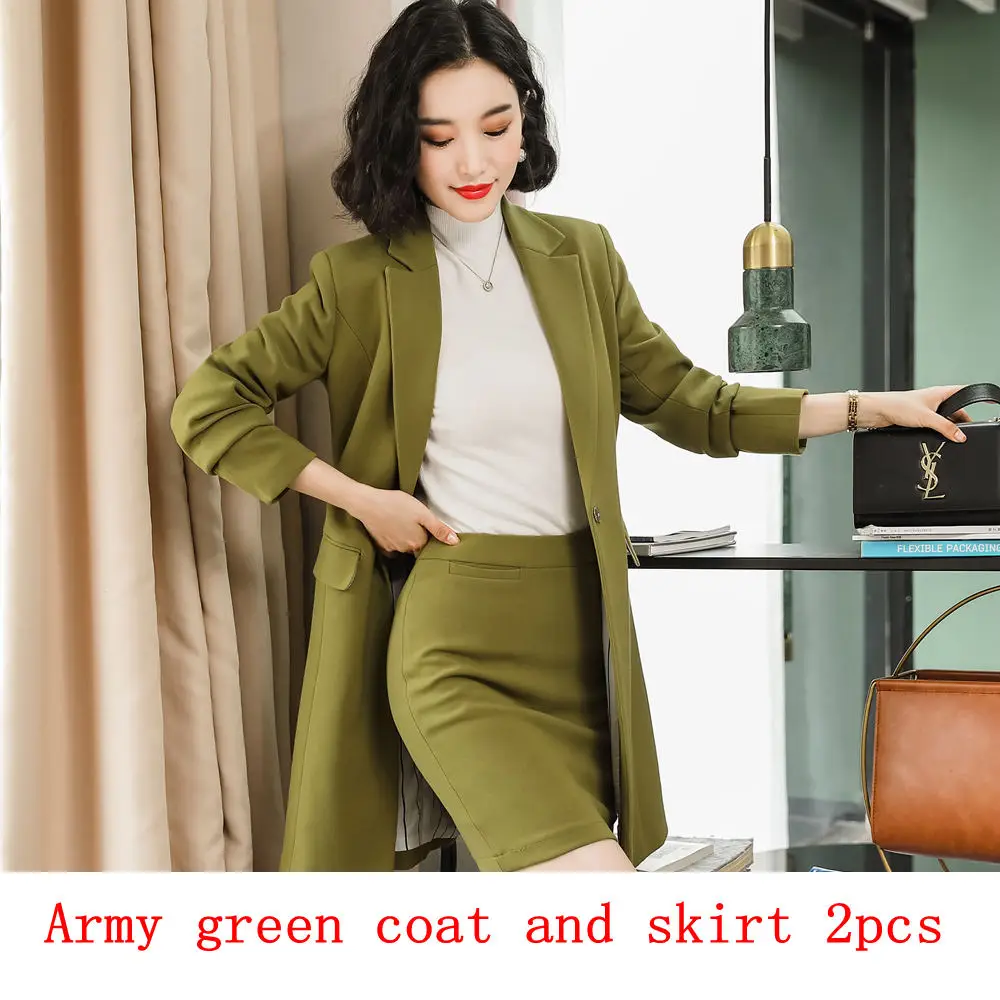 Military green 2pcs Комплект с блейзером и юбкой; офисная форма; костюм с юбкой из двух предметов; Модный женский костюм с юбкой; комплект с блейзером и юбкой; Дополнительный размер - Цвет: Military green 2pcs