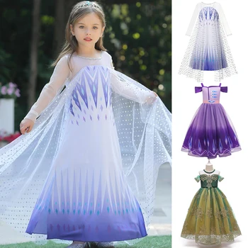 

New Snow Queen 2 Costume Girls Anna Elsa Dress up Party Princess Frock White Sequined Elsa Gowns Kids Halloween Birthday Dresses
