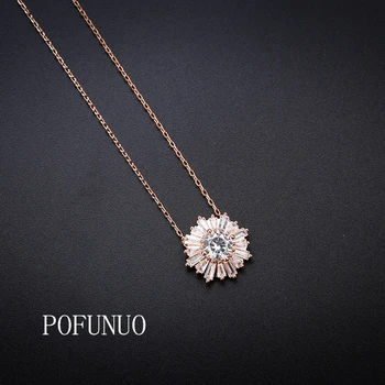 

POFUNUO Luxury Crystal Pendant Necklace classic round Elegant Zircon Choker for Women Jewelry Brand Designer New free shipping