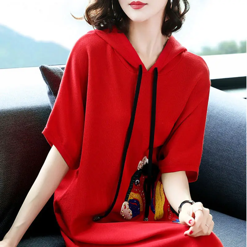 

Bright Red Hooded Knitted Dress Loose Short Vestidos 2020 New Short Sleeve Sweater Dresses vestidos verano 2018