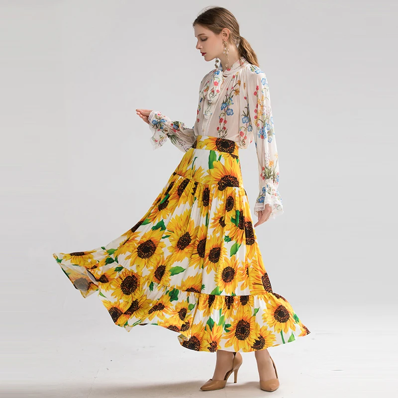 

VERDEJULIAY Runway Women Sets 2020 Spring Summer Luxury Flower Embroidery Bow Blouse Top+Sunflower Print Midi Skirt Suit