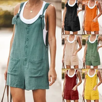 

Summer Siamese shorts Women Romper Cotton And Linen Sleeveless Suspender Buttons Pocket Jumpsuits Casual Loose Suspenders