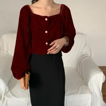 

HziriP Retro Solid Palace Style Velvet Gentle High Waist 2020 Chic All Match Shirts Square Collar Puff Sleeves Sexy Blouses