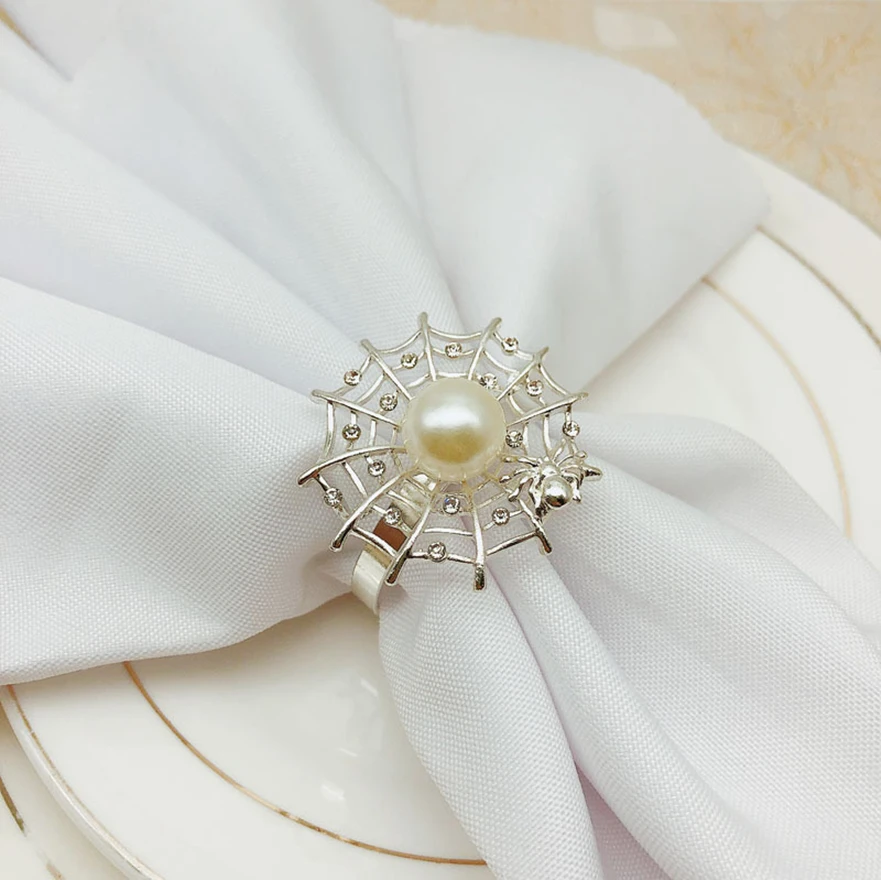 

6pcs/lot Ghost Festival Halloween napkin ring pearl spider web napkin buckle napkin ring holder wedding party table decoration