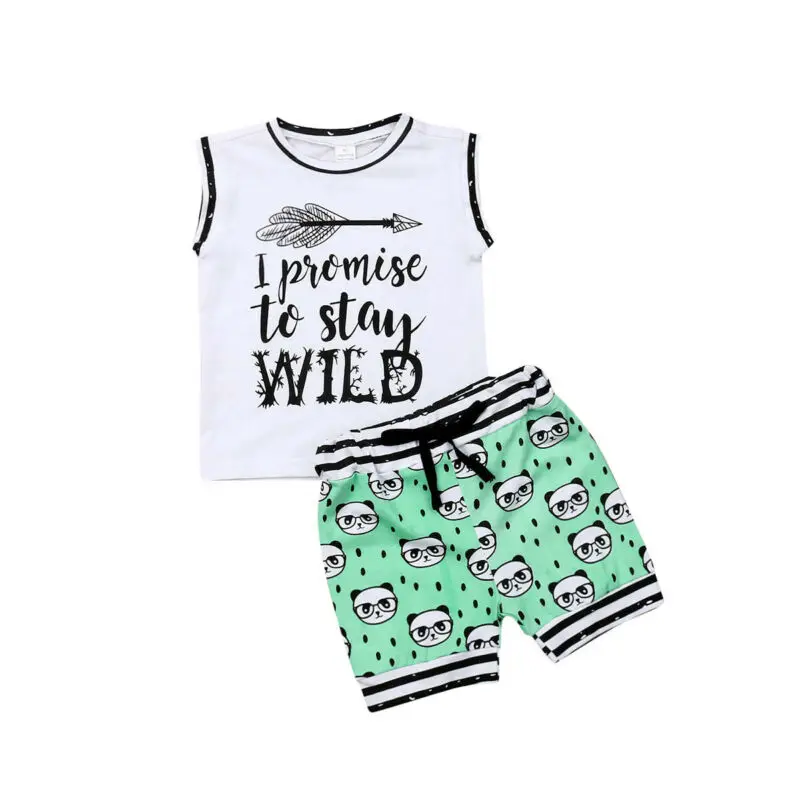 2019 Toddler Sweet Infant Kid Baby Boys Clothes Set Summer Sleeveless Letter Tops Vest Panda Shorts Sunsuit Beach Clothing 0-24M |