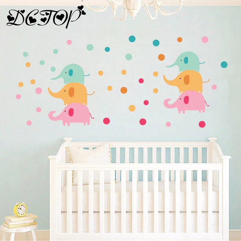 Lovely Elephants Animal Wall Stickers Colorful Polka Dot Decals Nursery Room Decor for Kids Bedroom Home Caroon DIY Vinyls Mural | Дом и сад