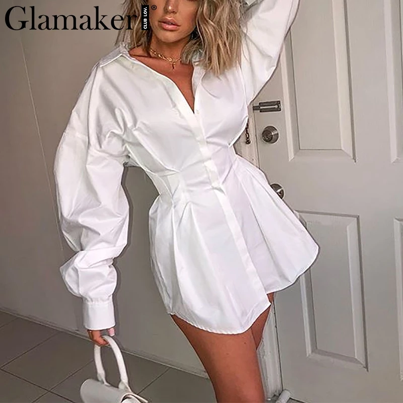 Glamaker, белое мини-платье с рукавом летучая мышь, Женская Офисная плиссированная блузка, платье-рубашка, Осеннее приталенное Элегантное короткое платье с высокой талией