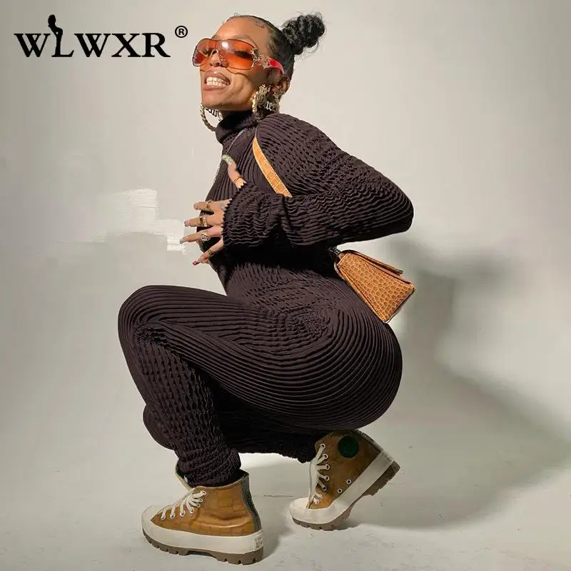 

WLWXR Autumn Brown Ribbed Backless Jumpsuit Winter One Piece Outfits For Women Turtleneck Long Sleeve Bodycon Jumpsuiy Ladies