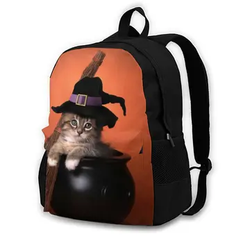 

Laptop Backpack Women Canvas Backpack School Teenagers Casual Travel Funny Halloween Witch Themed Kitten Bags