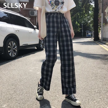 

SLLSKY Pants Women Plaid Retro Pockets Elastic Waist Korean Style All-match Womens Spring Long Trousers Straight Leisure Loose