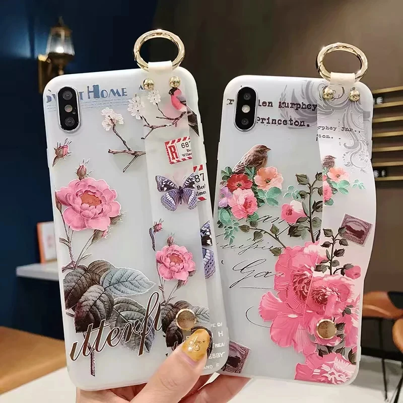 

Retro Beautiful Emboss Floral Flower Wrist Strap Holder Case Cover For Samsung Galaxy Note 9 8 S10E S10/9/8 Plus A30/40/50/60/70