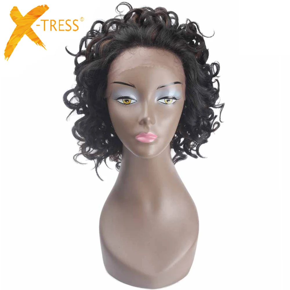 

Short Kinky Curly Synthetic Hair Lace Front Wigs For Black Women X-TRESS Ombre Brown Color African Hairstyle Lace Wig Free Part