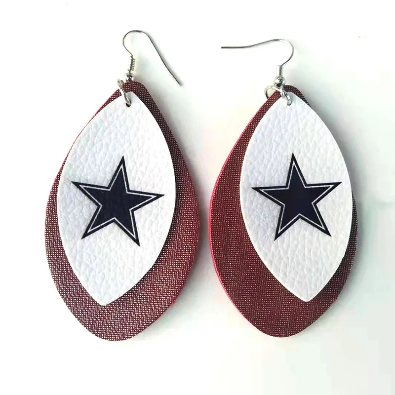 New! Dallas Cowboy Double Layer Glitter Football Fans Faux Leather Earrings Fahion Teardrop Leaf Earrings We Can Customize Stock - Окраска металла: 01