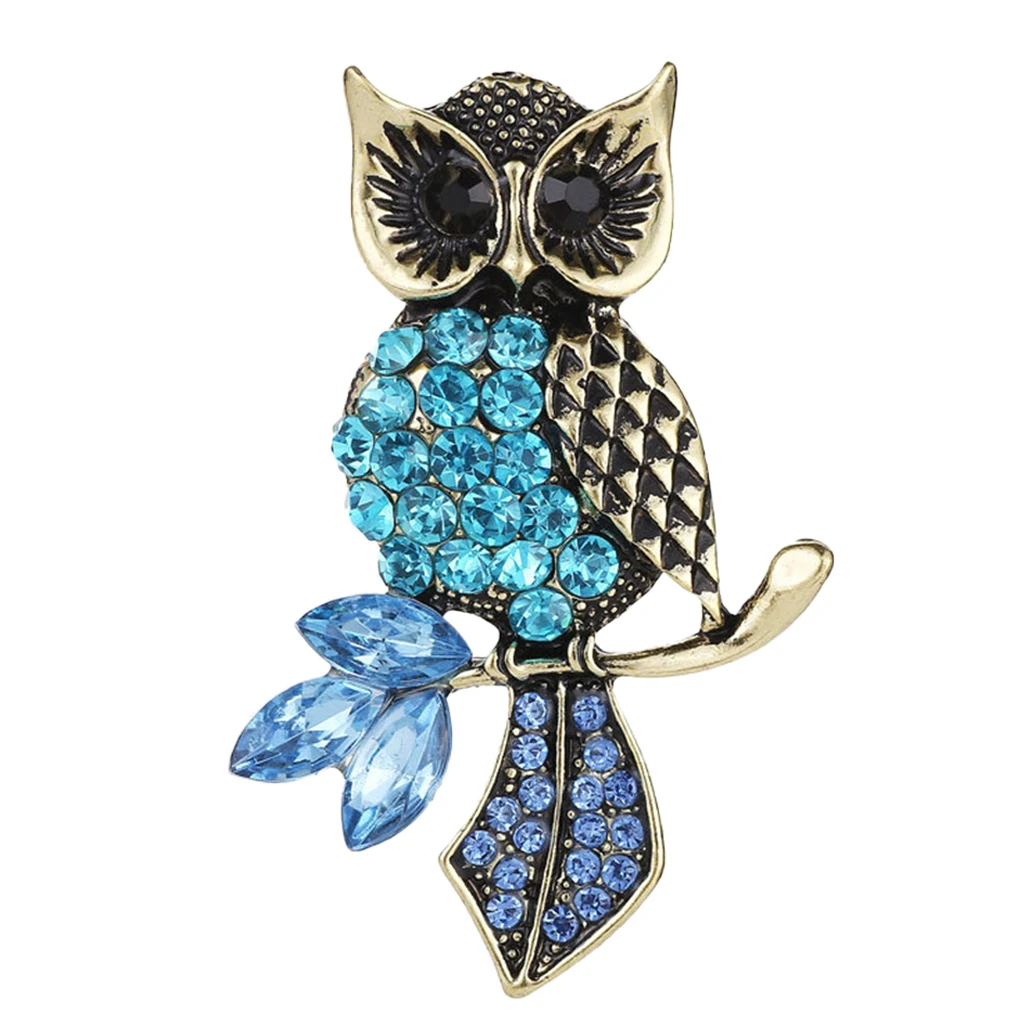 Blue Rhinestone Horned Owl Bird Brooch Pin Wedding Party Jewelry Brooch