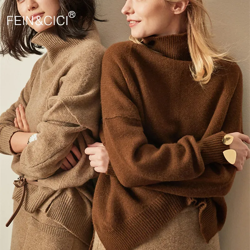 Thick turtleneck wool sweater and pullover jumper oversize large loose women winter warm camel khaki knitted knitwear | Женская одежда