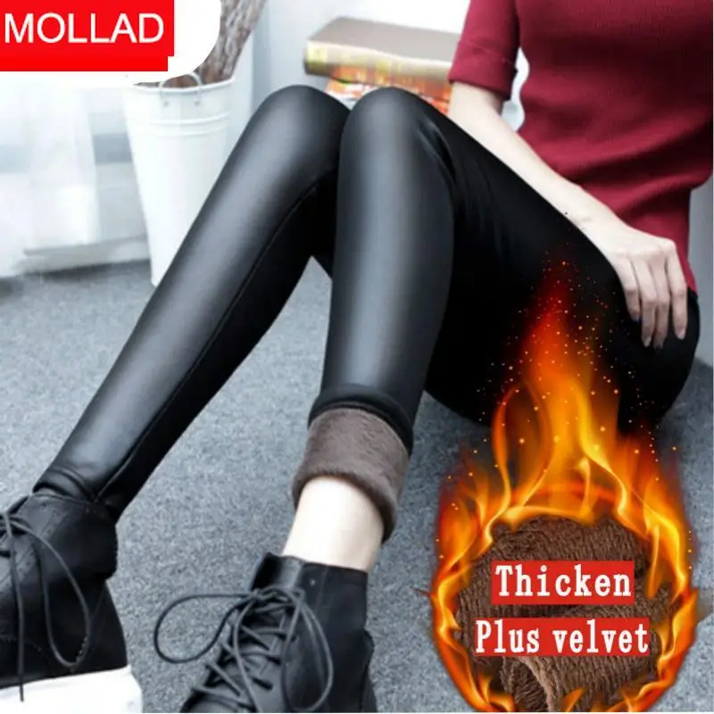 Mollad новый 2018 зима Штаны из искусственной кожи классическая мода Теплая Толстая