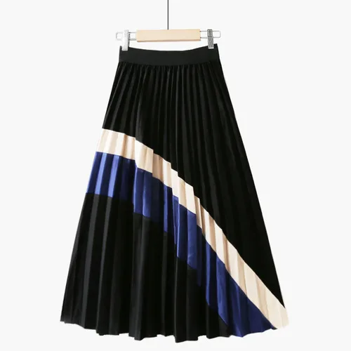 New Autumn Winter Vintage Velvet Panelled Pleated Skirt Women Fashion Patchwork Slim High Waist Skirts Work Wear Skirt M743 - Цвет: Blue