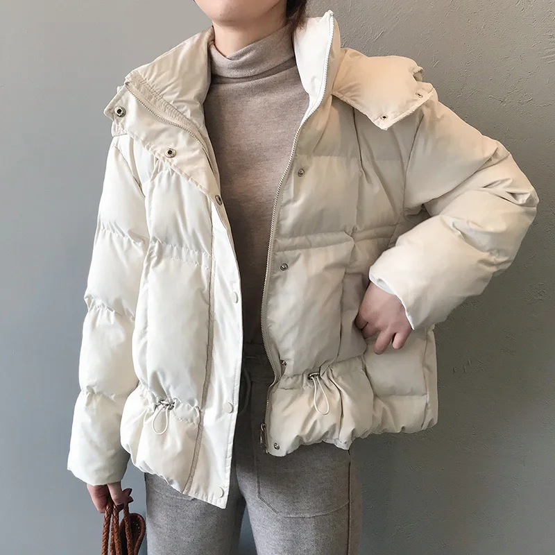 Теплая зимняя короткая куртка женская модная парка с хлопковой подкладкой Harajuku пальто с капюшоном Женская однотонная верхняя одежда с завязками