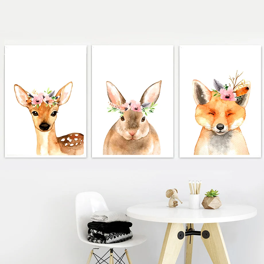 

Deer Fox Rabbit Flower Animal Wall Art Print Canvas Painting Nordic Canvas Posters And Prints Wall Pictures Baby Kids Roomm