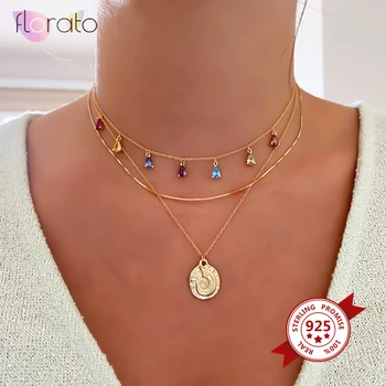 

European and American 925 Sterling Silver Rainbow Zircon Choker Necklace for Women Simple Water Drop Chain Silver Necklace