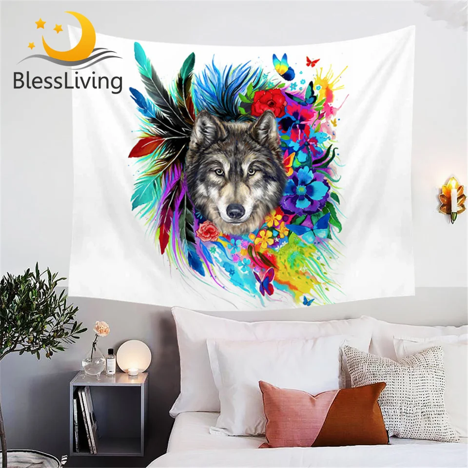 Настенный Гобелен blesslive Wolf Boho с разноцветными цветами и перьями радужные