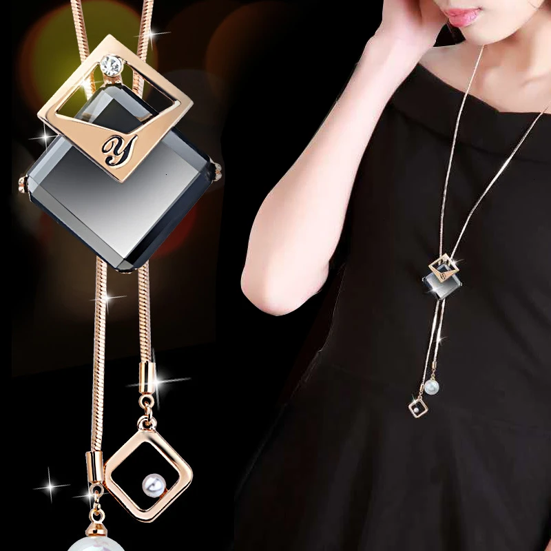 Statement Necklaces &amp Pendants For Women Fashion Geometric Crystal Simulated Pearl Necklace Long Chain Collier Femme Jewelry New |